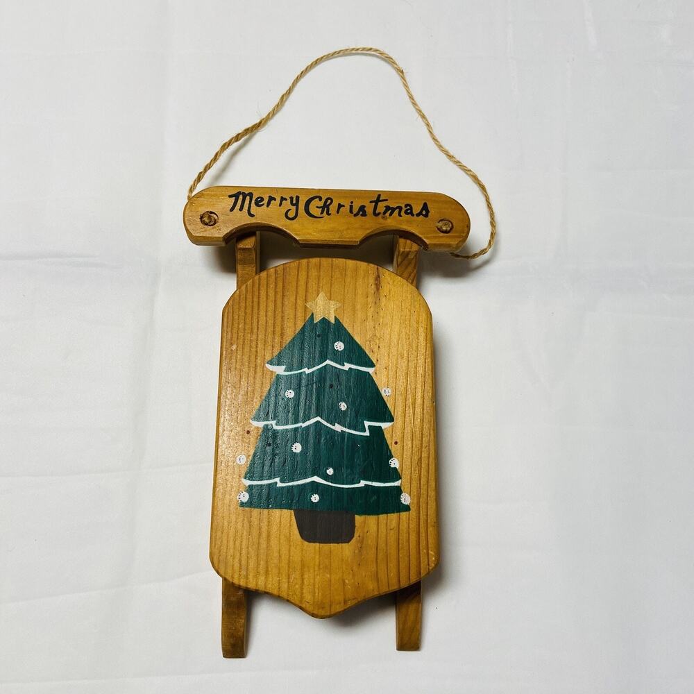 Merry Christmas Sled Holiday Tree Wooden Wall Door Decor 11 1/2 x 7 1/8" Vintage